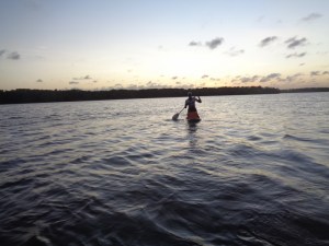 Local man on surf board with 20-litre jery canns rowing to Kirepwe Island at sunset
