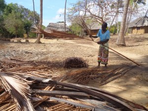 Local woman on Kirepwe Island making makuti thatch for roofing from coconut tree