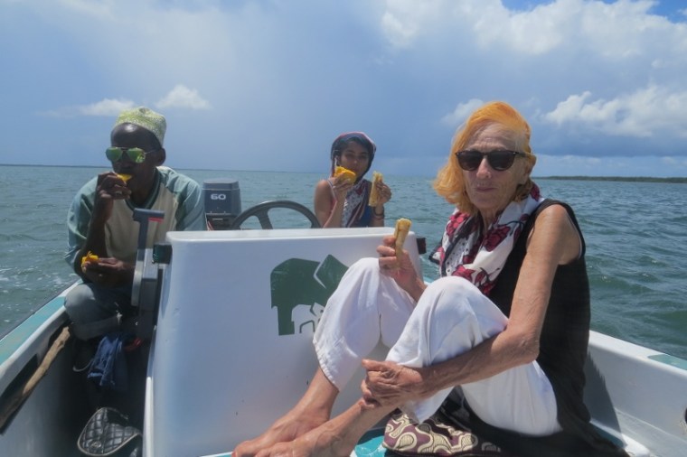 Captain Lalli, of Kenya Wildlife Service Maya Mangat and Kiki Aarts of Subira House Lamu - picnic at sea sailing to Pate island Copyright Maya Mangat