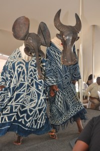 Dancers in Cameroon masks with indigo dyed fabric at African Heritage House.. Picture: Gilbert Otieno
