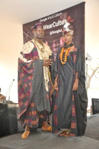 At the launch of Google’s Art & Culture, a world wide event, models wear the African Heritage Collection at African Heritage House. Rosemary shows “Adinkira” cloth hand printed with calabash stamps by the Ashanti in Ghana. Male model wears an “Agbada” hand woven on narrow strip looms by Yoruba men in Nigeria.