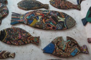 Fish - recycled from drift wood, pieces of dhows or rubber slippers art galllery on Lamu Stone Town on Lamu island Photo: Maya Mangat