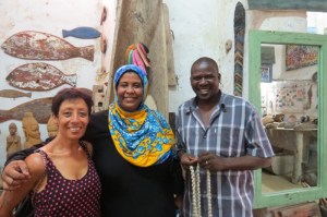 Inside Fish art gallery with artist-owner Isaiah Chepyator and Lamu's first women carver Hafsa Ahmed Photo: Maya Mangat