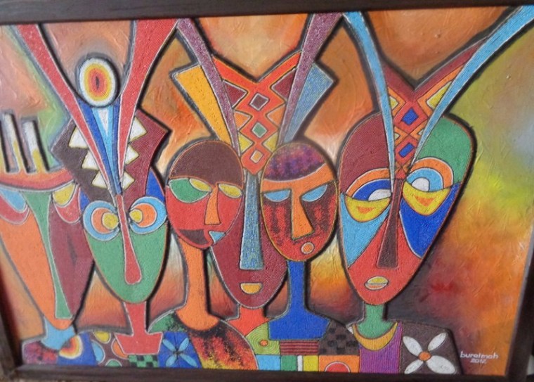 Detail of beadwork on wood, called “Priests” by the Yoruba artist JIMOH BURAIMOH. Jimoh first exhibited at Alan Donovan’s first Nigerian Festival in Nairobi in 1972. Famous for his technique of placing beads on boards, combined with oil paints, his works are based on the Yoruba tradition of making beaded crowns, ceremonial garments , stools etc. He was the first to transfer this technique to a contemporary art form. His works are on display at the National Museum, the Nairobi Gallery and the French Cultural Center during October and November.