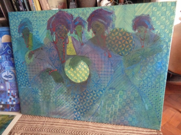 “The Birth” , a work on canvas with acyllic, by Nike Seven Seven Okundaye, one of Africa’s most famous artists with one of the largest galleries on the continent in Lagos, Nigeria. This works depicts the beating of Talking drums and celebrations for the birth of a child. Picture by Rupi Mangat