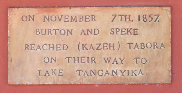 Plaque at Livingstone's house in Kazeh - Burton and Speke had stayed here 13 years before Livingstone - in search of the Nile's source - they had heard from the Arabs of a big lake in the interior that they thought could be the Nile's source. Copyright Rupi Mangat