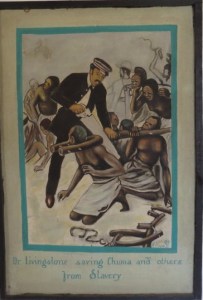 Artist's impression of Livingstone rescuing slaves at Ujiji - copyright Rupi Mangat