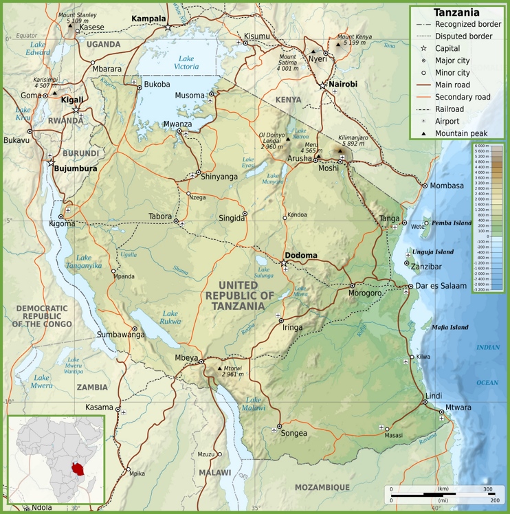 Road map of Tanzania - trace our journey from Nairobi via Arusha to Tabora and then L.Tanganyika
