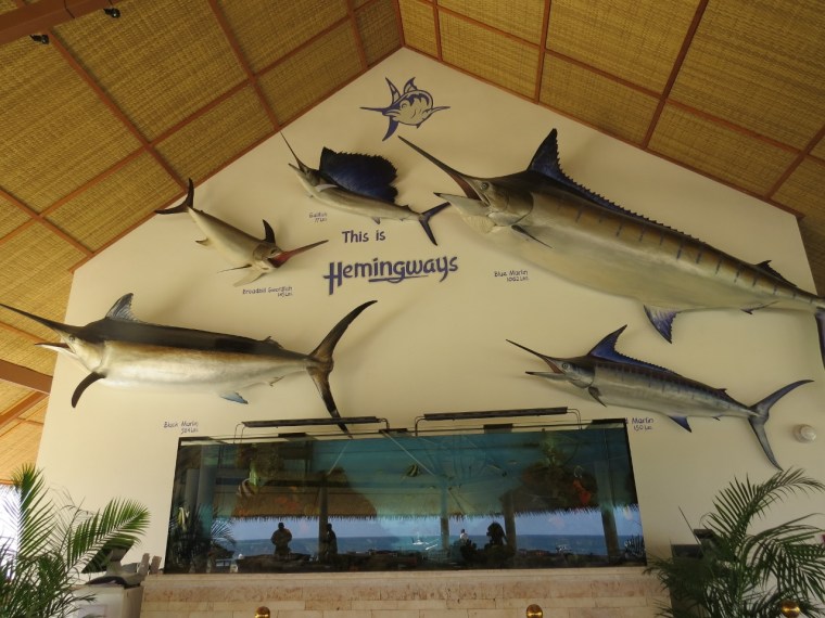 Restaurant at Hemingways with life size caste models of deep-sea fish and aquarium with coral fish. Copyright Rupi Mangat