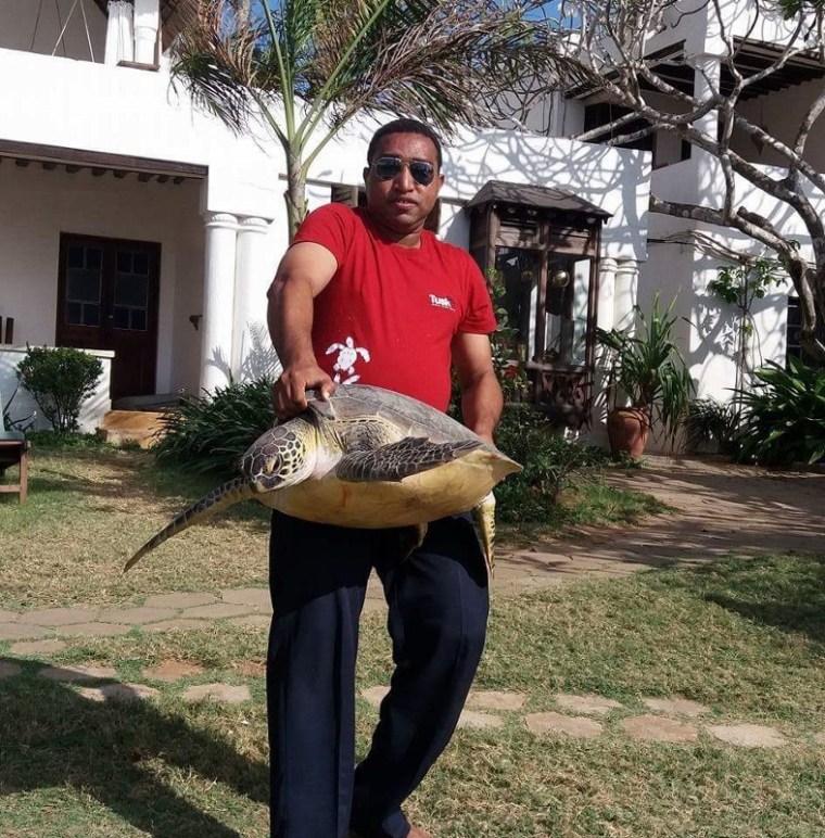 Famau about to release a tagged turtle @ Peponi (787x800)