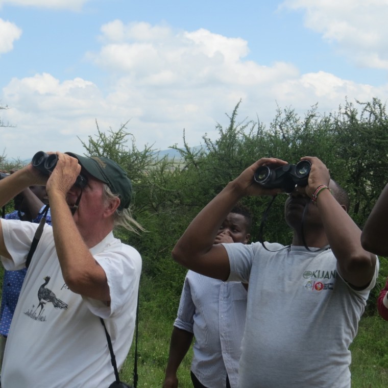 Brian Finch and Peter Mureithi of Nature Kenya at Lukenya. Copyright Rupi Mangat one time use only (800x800)