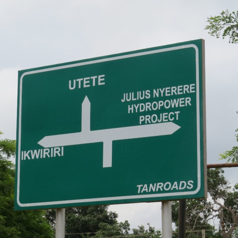 Sign to Julius Nyerere Hydro Power project near Nterere National Park former Selous Tanzania. Copyright Rupi Mangat (800x800)